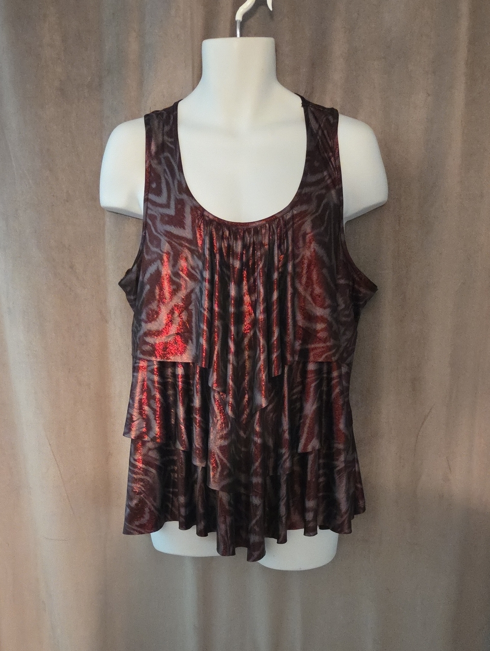 Warehouse One XXL Ruffled Scoop Neck Tank Top - Red Brown Print Shimmery